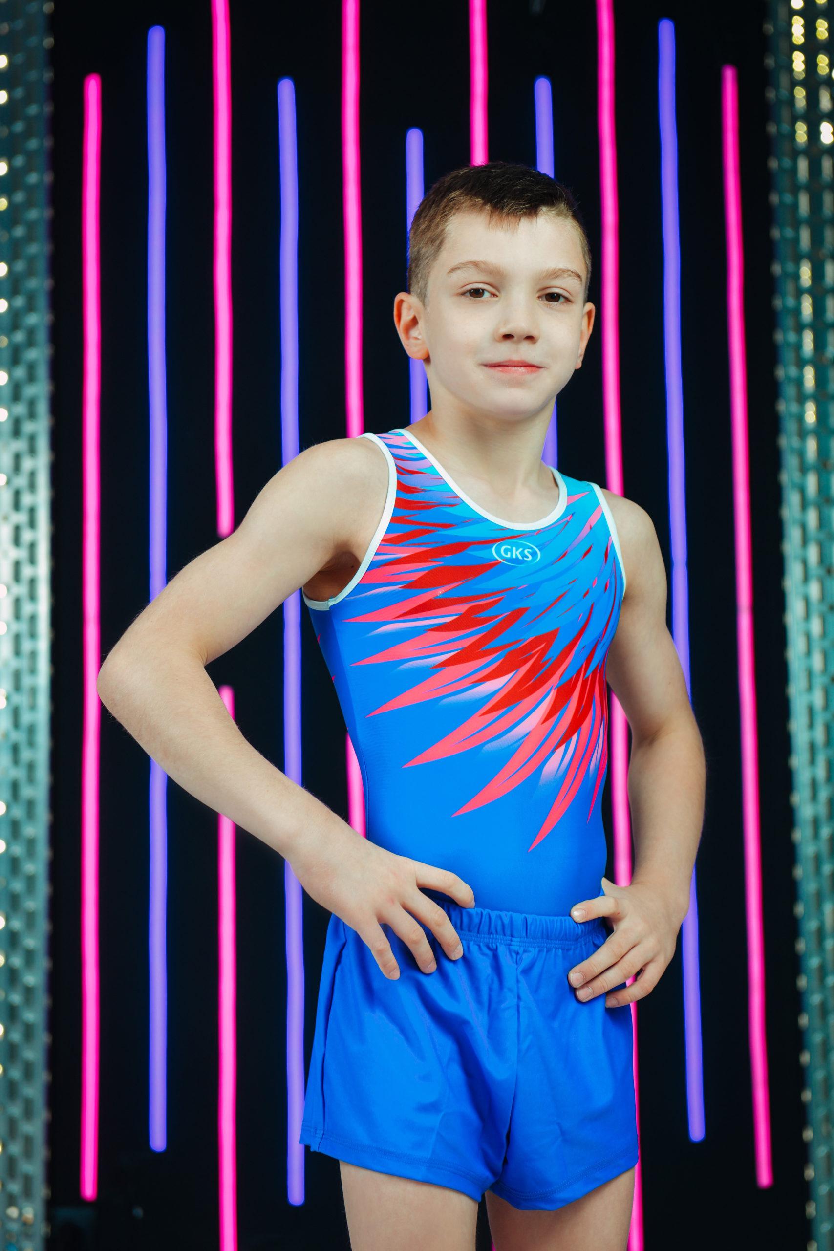 Купальник мужской для спортивной гимнастики GK Sport 201-7 PLUMAGE синий с красным рисунком без рукава