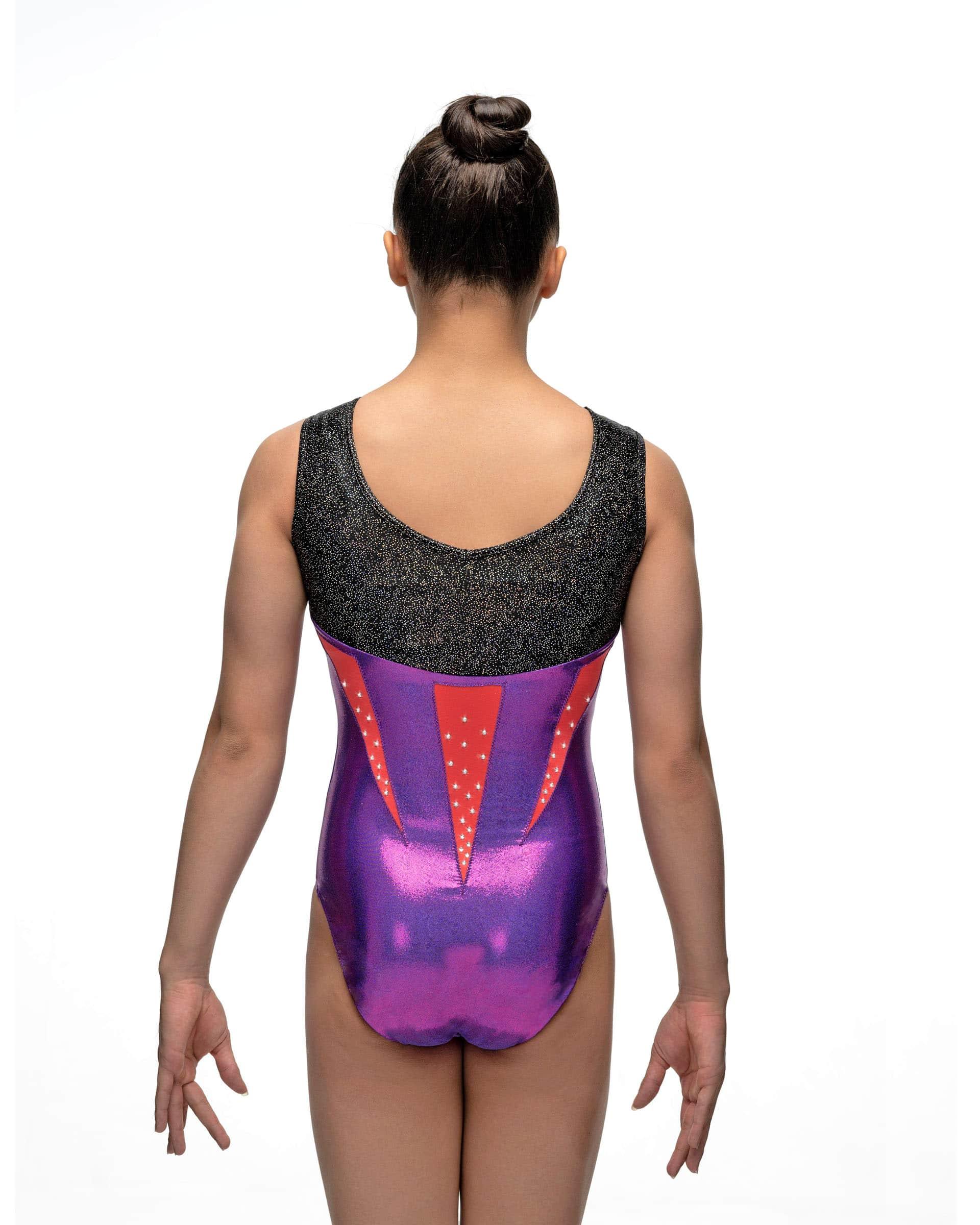 Купальник для спортивной гимнастики Christian Moreau 5638 фиолетово-черно-оранжевый со стразами без рукава