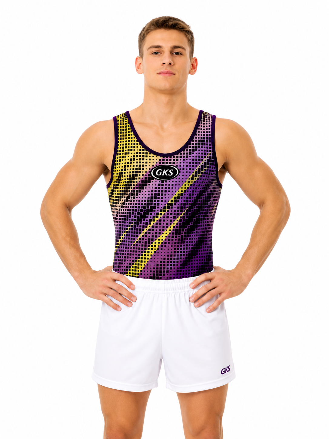 Купальник мужской для спортивной гимнастики GK Sport 202-28 фиолетово-салатовый без рукава