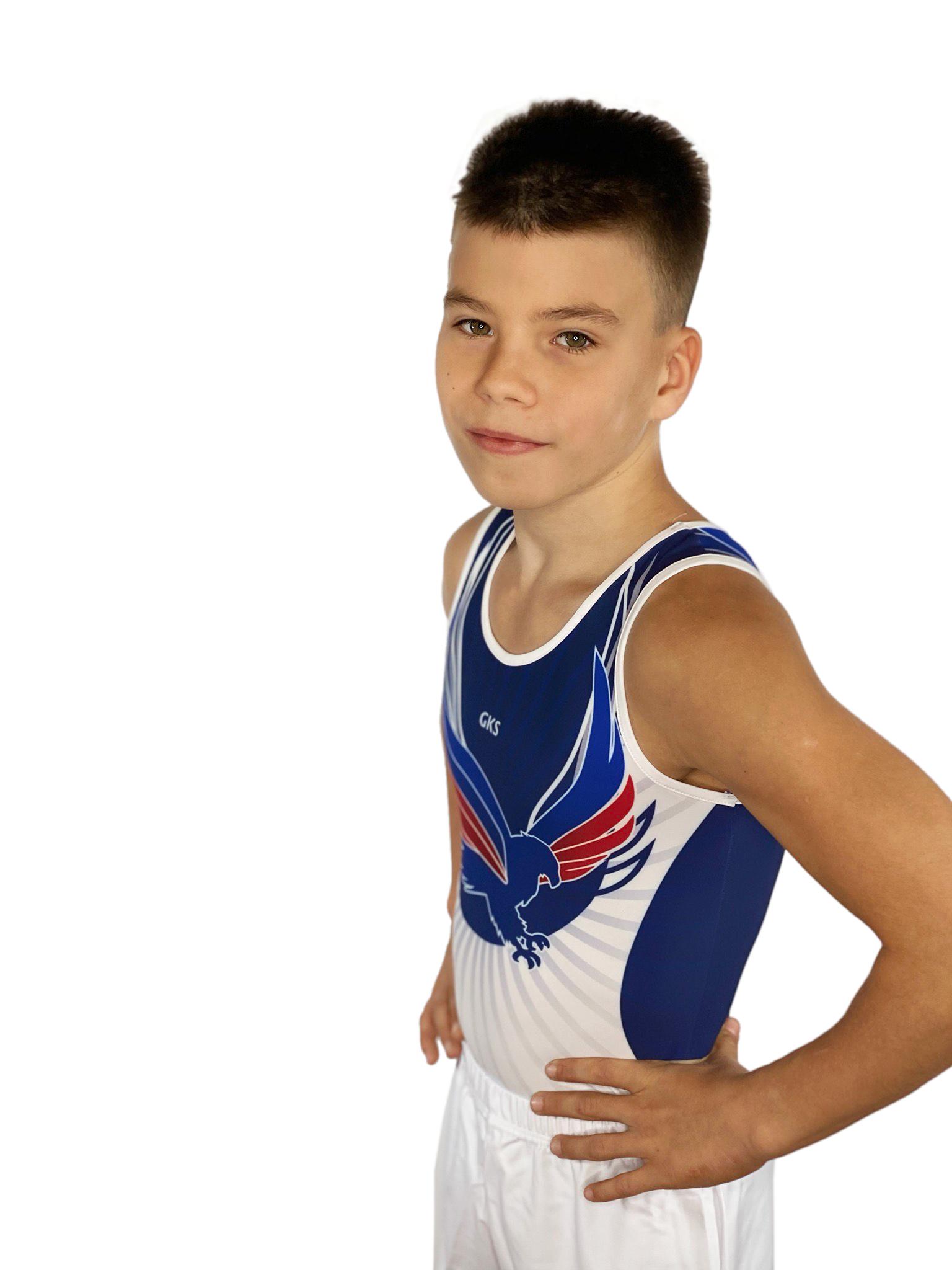 Купальник мужской для спортивной гимнастики GK Sport 201-14 белый с синим без рукава