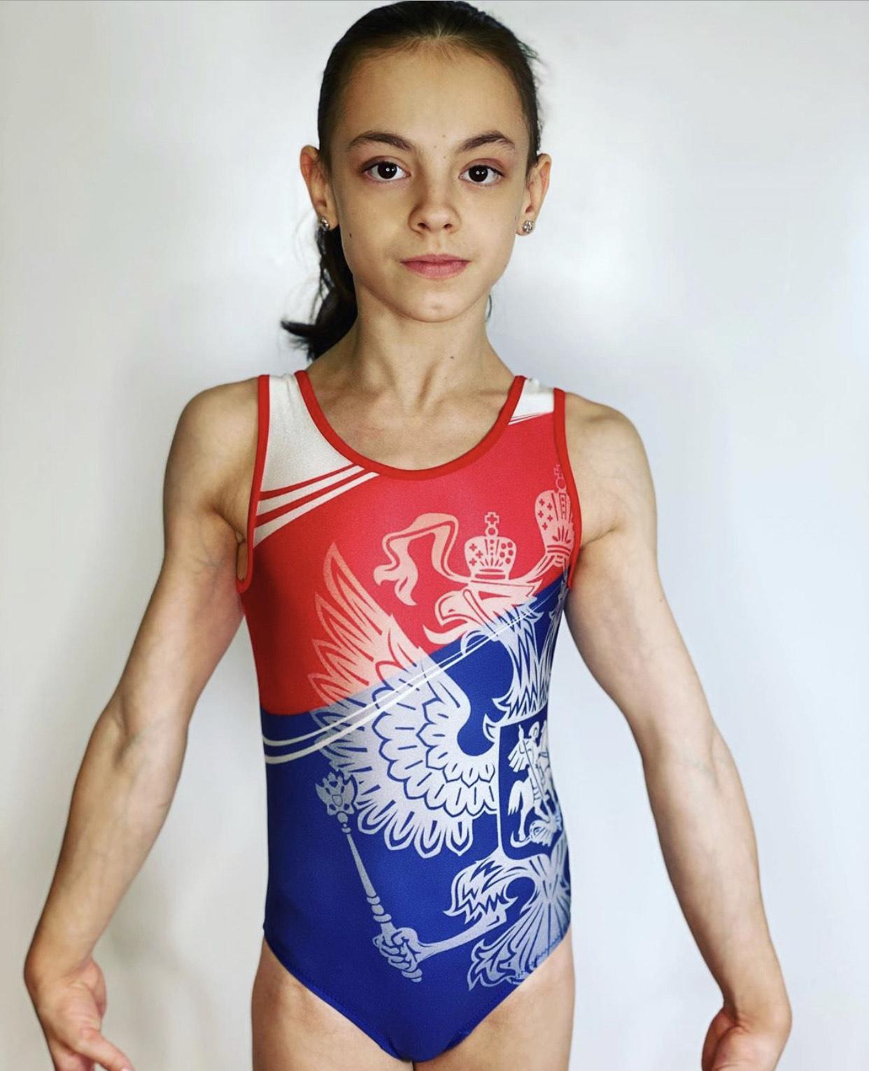 Купальник женский для спортивной гимнастики GK Sport 202-4 National Eagle сине-оранжево-белый без рукава