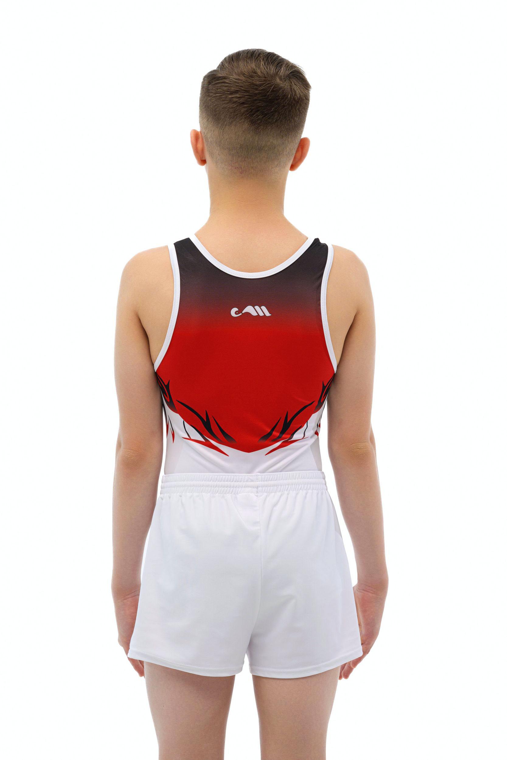 Купальник мужской для спортивной гимнастики Christian Moreau 4959 красно-черный с белым рисунком без рукава
