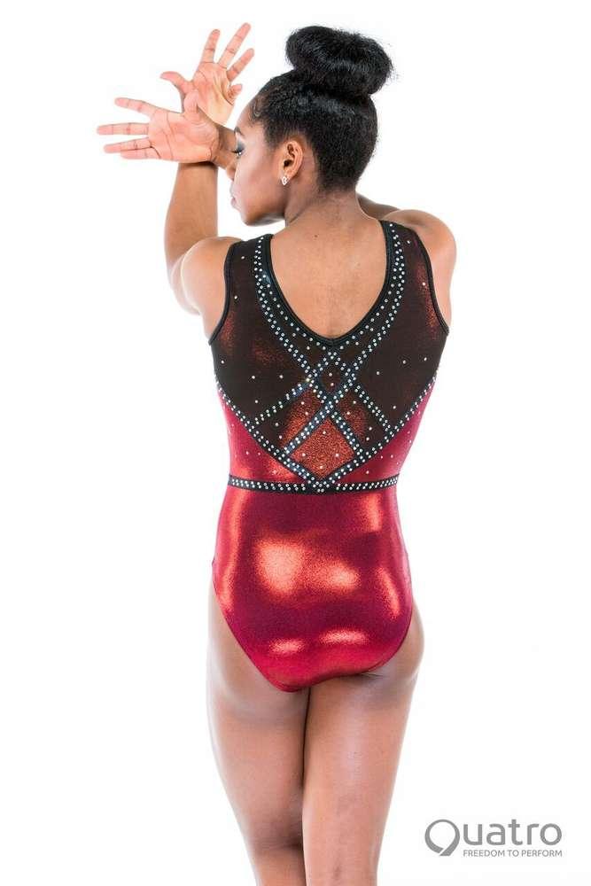 Купальник женский для спортивной гимнастики Quatro 555-36 красный с черным со стразами без рукава