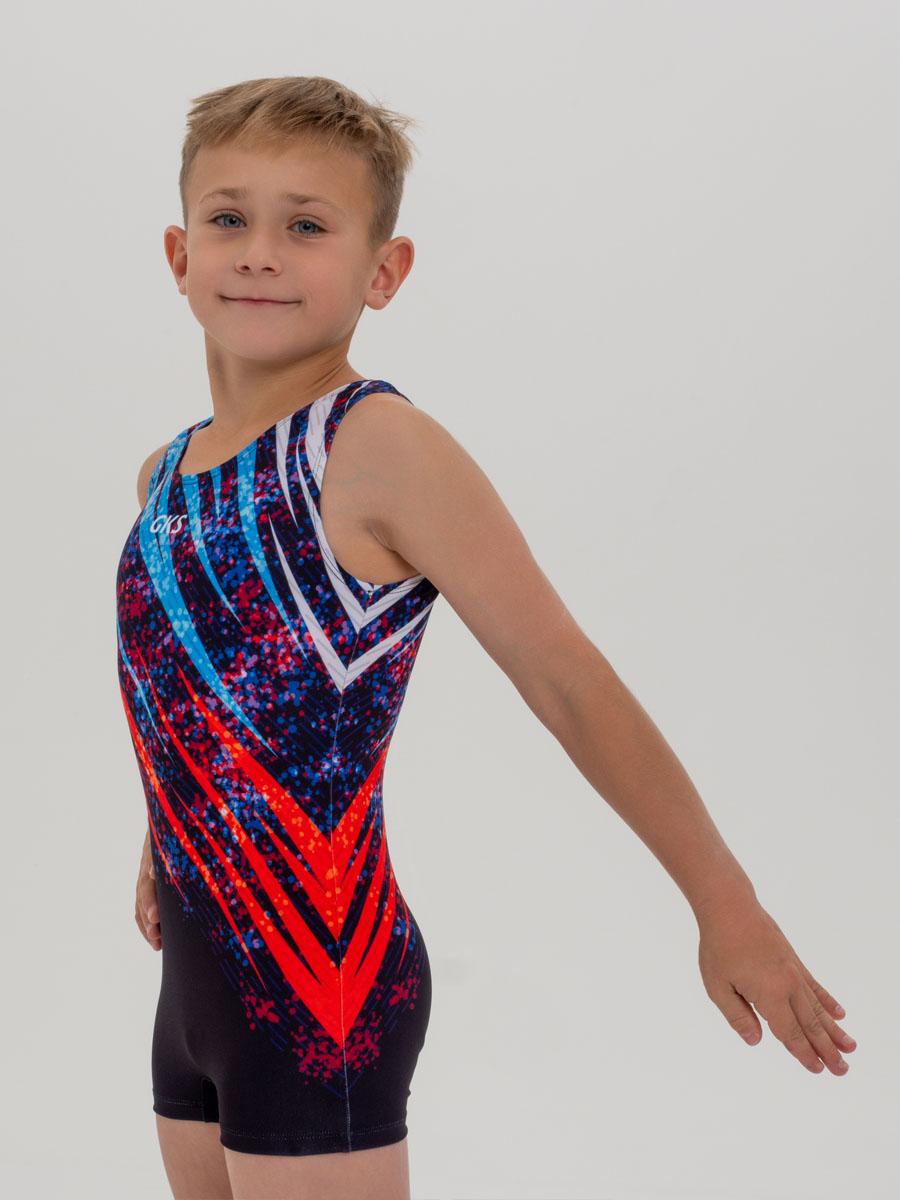 Купальник мужской для спортивной гимнастики GK Sport RUS 201-13 черный с красно-синим рисунком без рукава