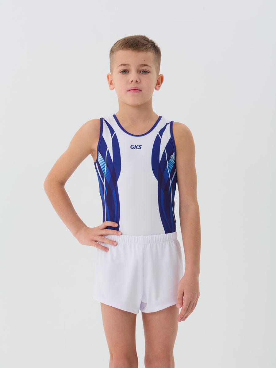 Купальник мужской для спортивной гимнастики GK Sport 201-16 белый с синим без рукава