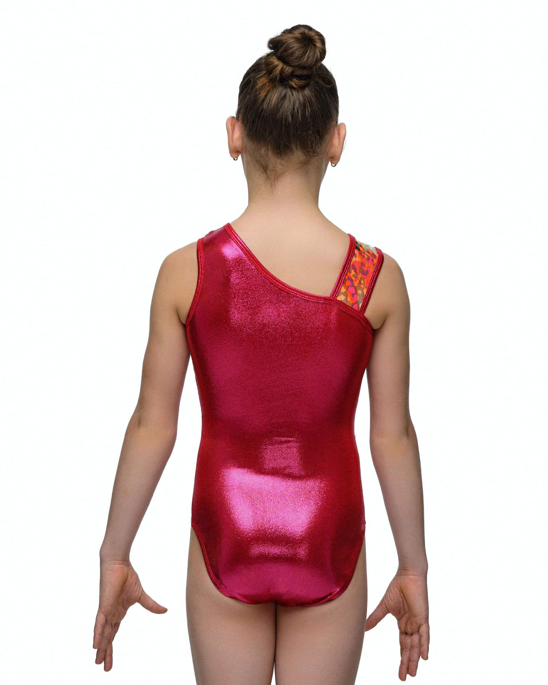 Купальник женский для спортивной гимнастики Alpha Factor 5419 красный с цветастой вставкой без рукава