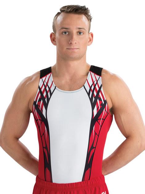 Купальник мужской для спортивной гимнастики GK Elite 1879 бело-красный с черными полосками без рукава