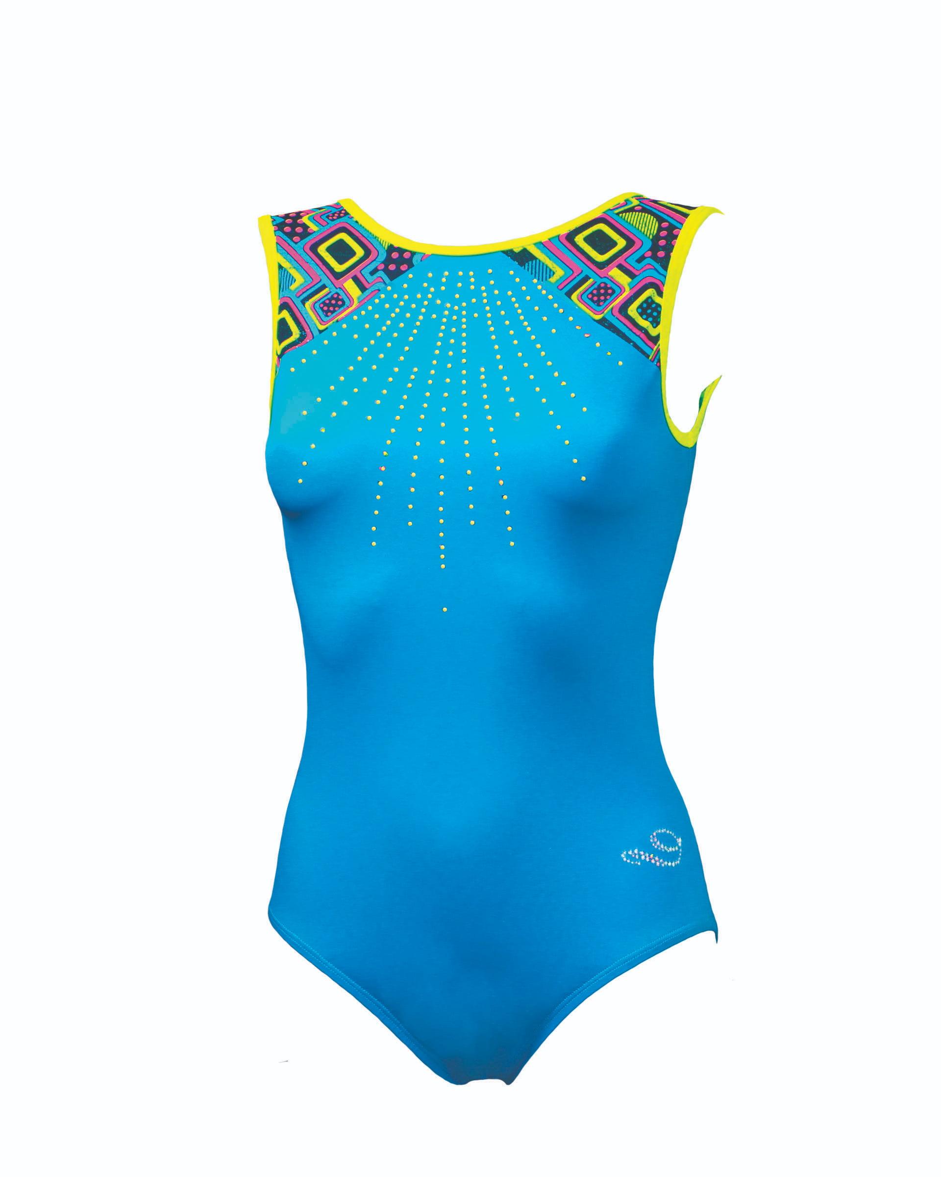 Купальник женский для спортивной гимнастики GK Elite by Dreamlight 5864 голубой с цветной вставкой на лямках без рукава