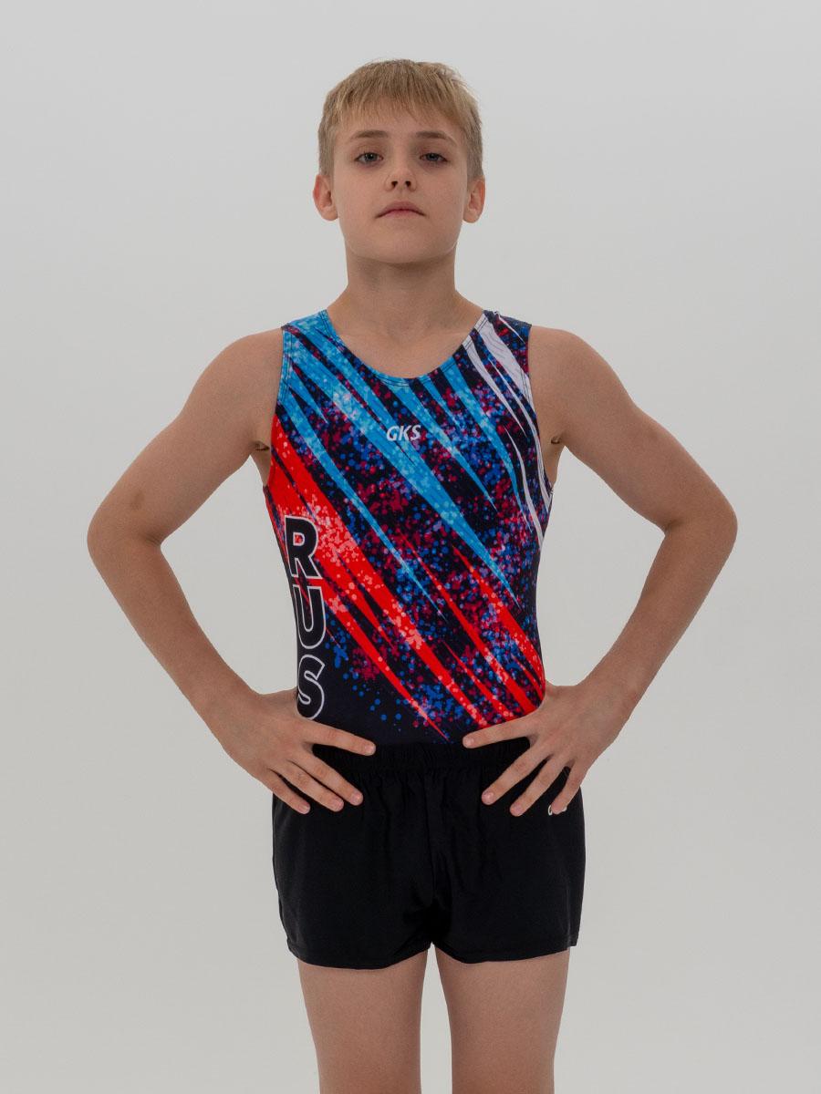 Купальник мужской для спортивной гимнастики GK Sport RUS 201-13 черный с красно-синим рисунком без рукава