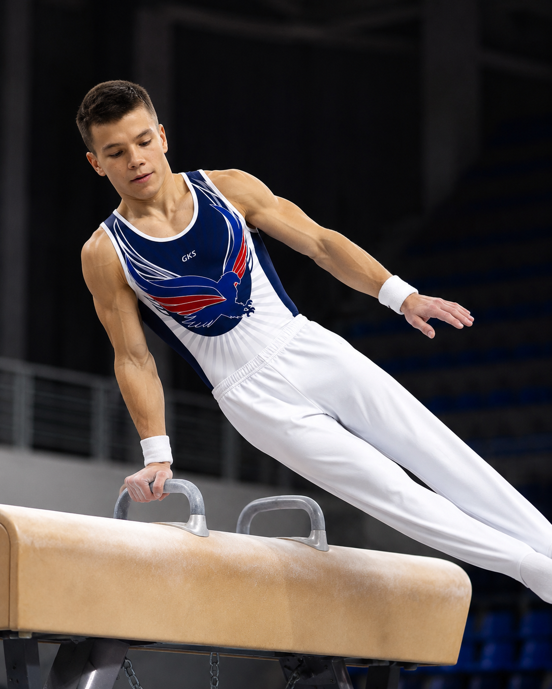 Купальник мужской для спортивной гимнастики GK Sport 0201-14 белый с синим без рукава